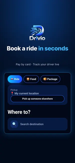 Drivio screen for booking a ride