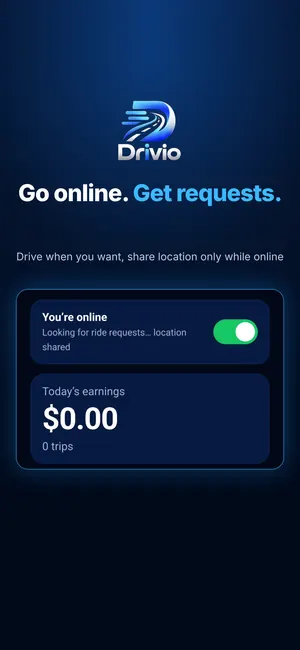 Drivio driver screen with a go online button
